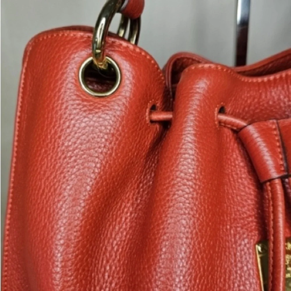 MCM 2 Way Motif Leather Drawstring Bucket Bag
